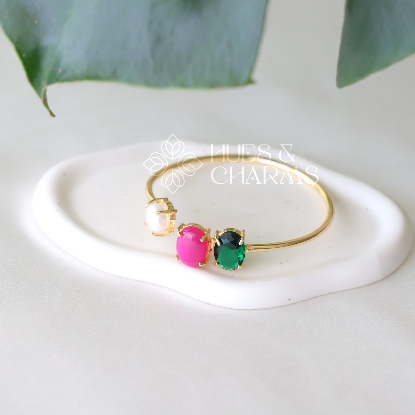 GOLDEN GLOSSY MULTI-SHAPE BANGLE WITH PEARL (COLOURS AVAILABLE)