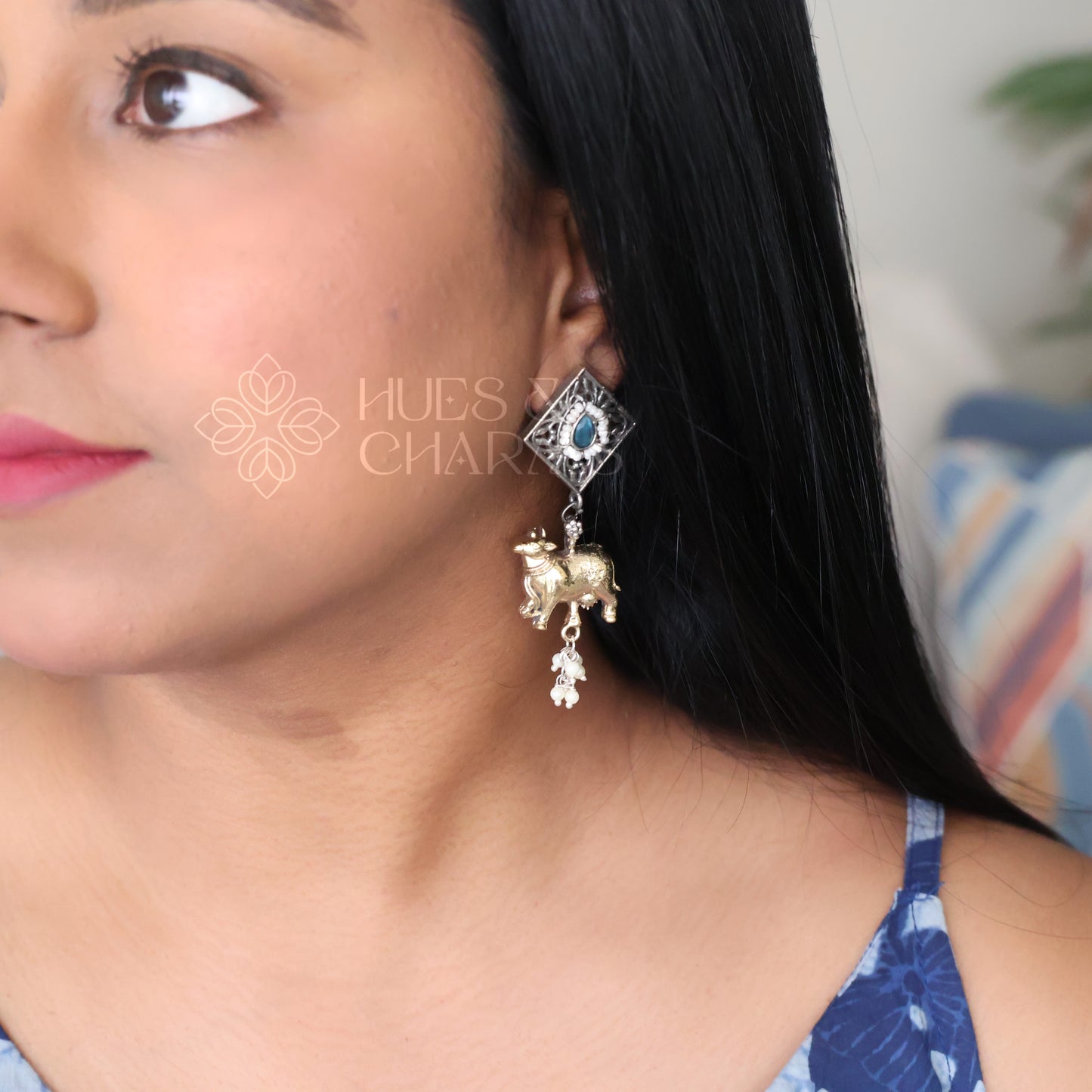 OXIDIZED DUAL TONE NANDI EARRINGS WITH CLUSTER PEARLS (Colours available )