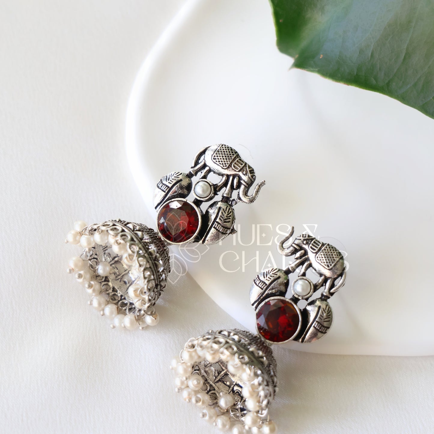 OXIDIZED HATHI JHUMKA EARRINGS WITH CLUSTER PEARLS