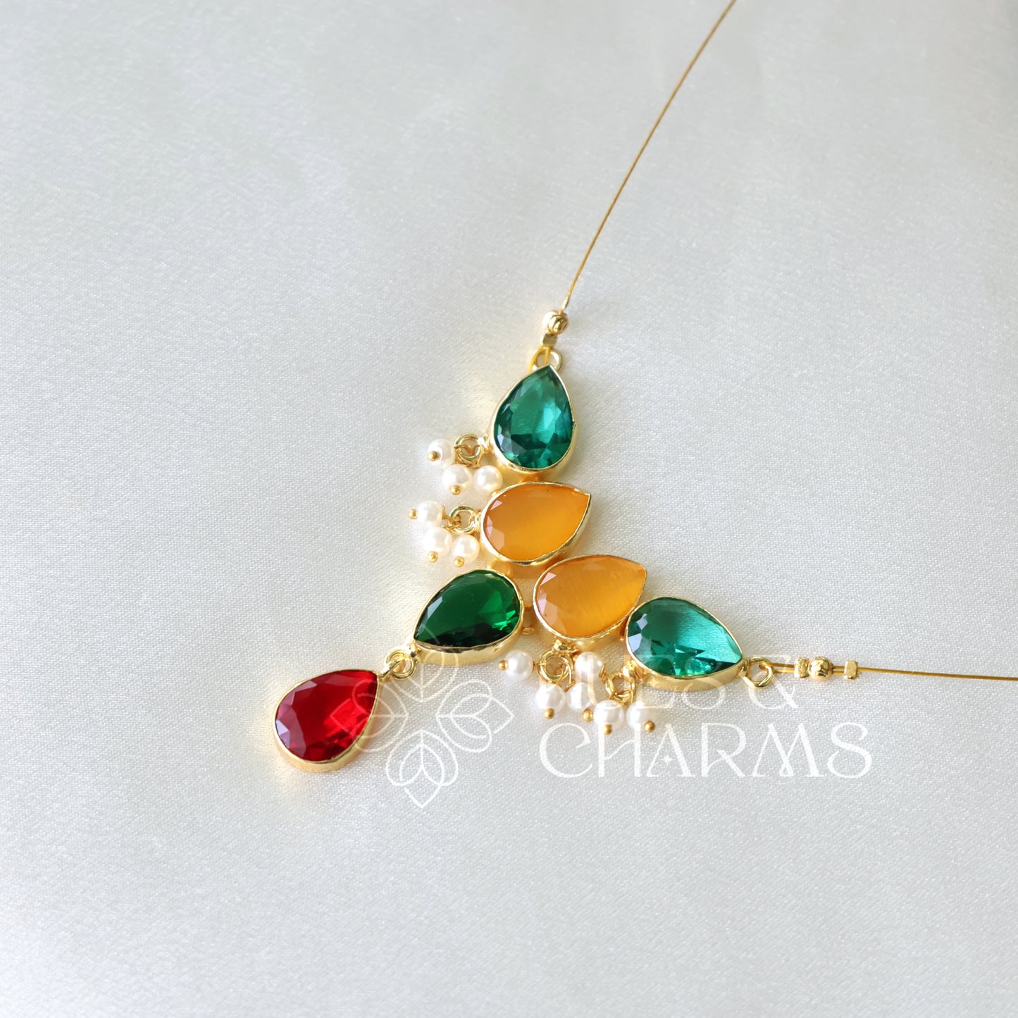GLOSSY 5 DROP FLOATING NECKPIECE WITH PEARLS (COLOURS AVAILABLE)
