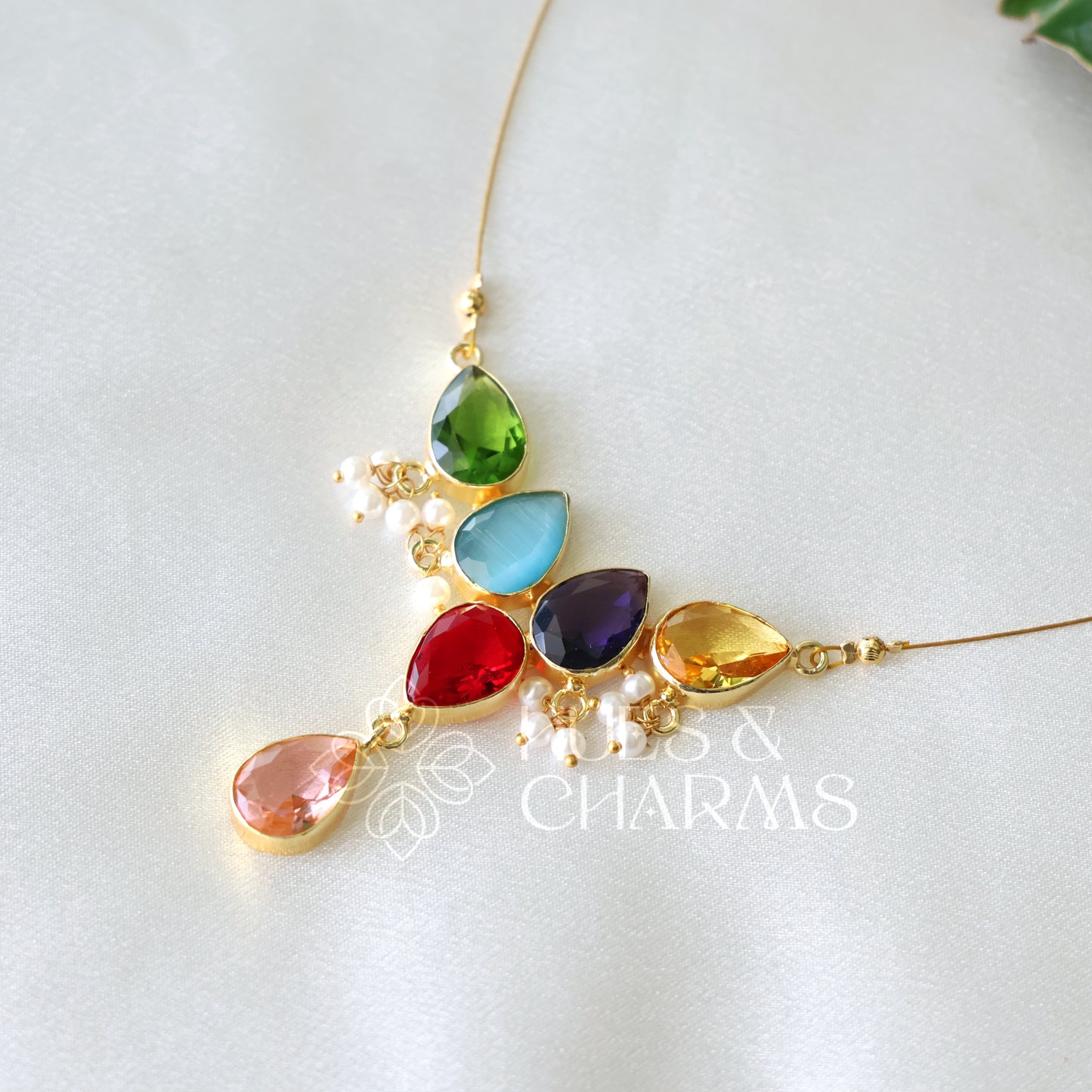 GLOSSY 5 DROP FLOATING NECKPIECE WITH PEARLS (COLOURS AVAILABLE)