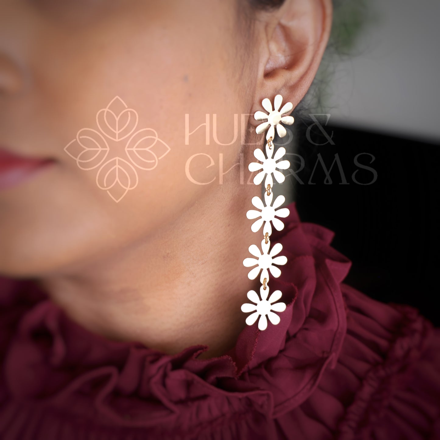 GOLDEN DAISY FLOWER 5 LAYER DROP EARRINGS