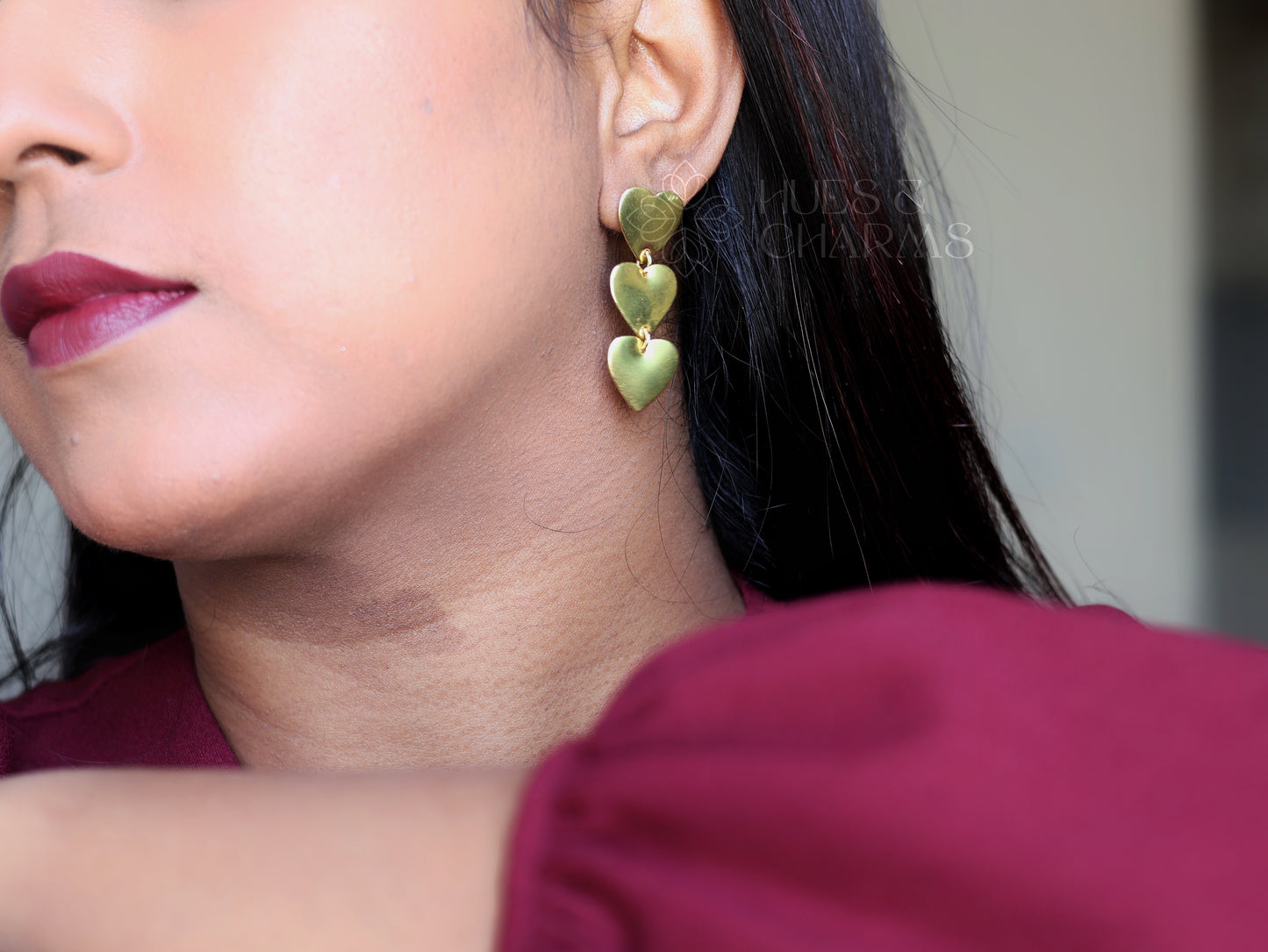 TRIPLE HEART GOLDEN DANGLE EARRINGS