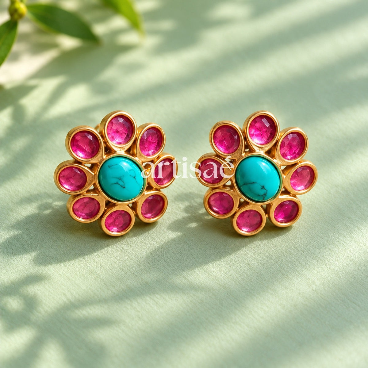 MIRAAYA KUNDAN NECKLACE SET- TURQUOISE & PINK