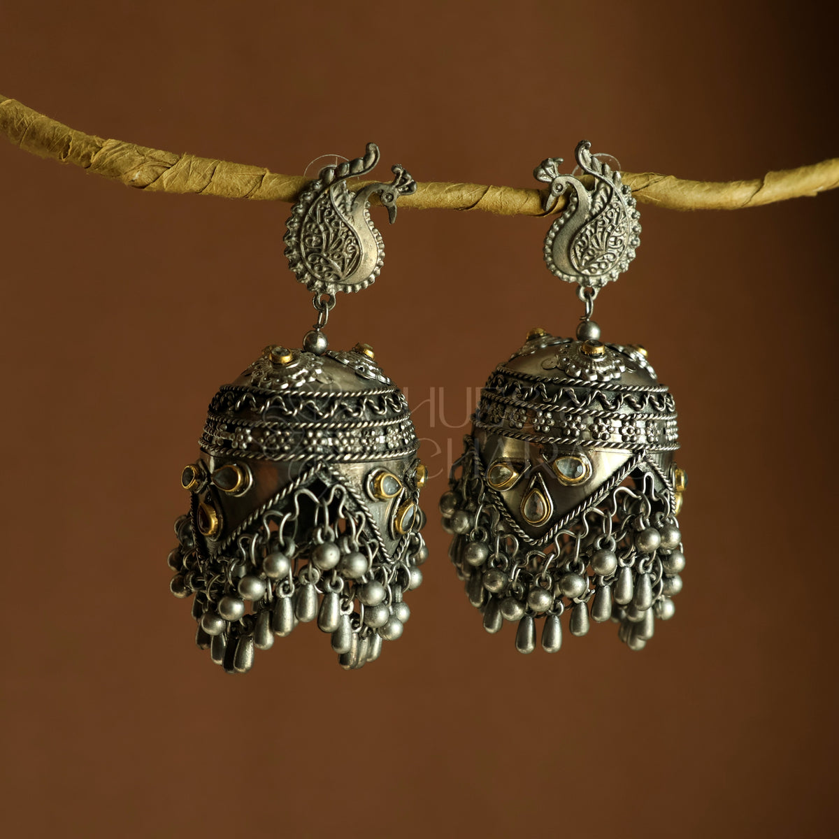 MAYURI DUAL-TONE STATEMENT JHUMKAS|OXIDISED BLACK METAL