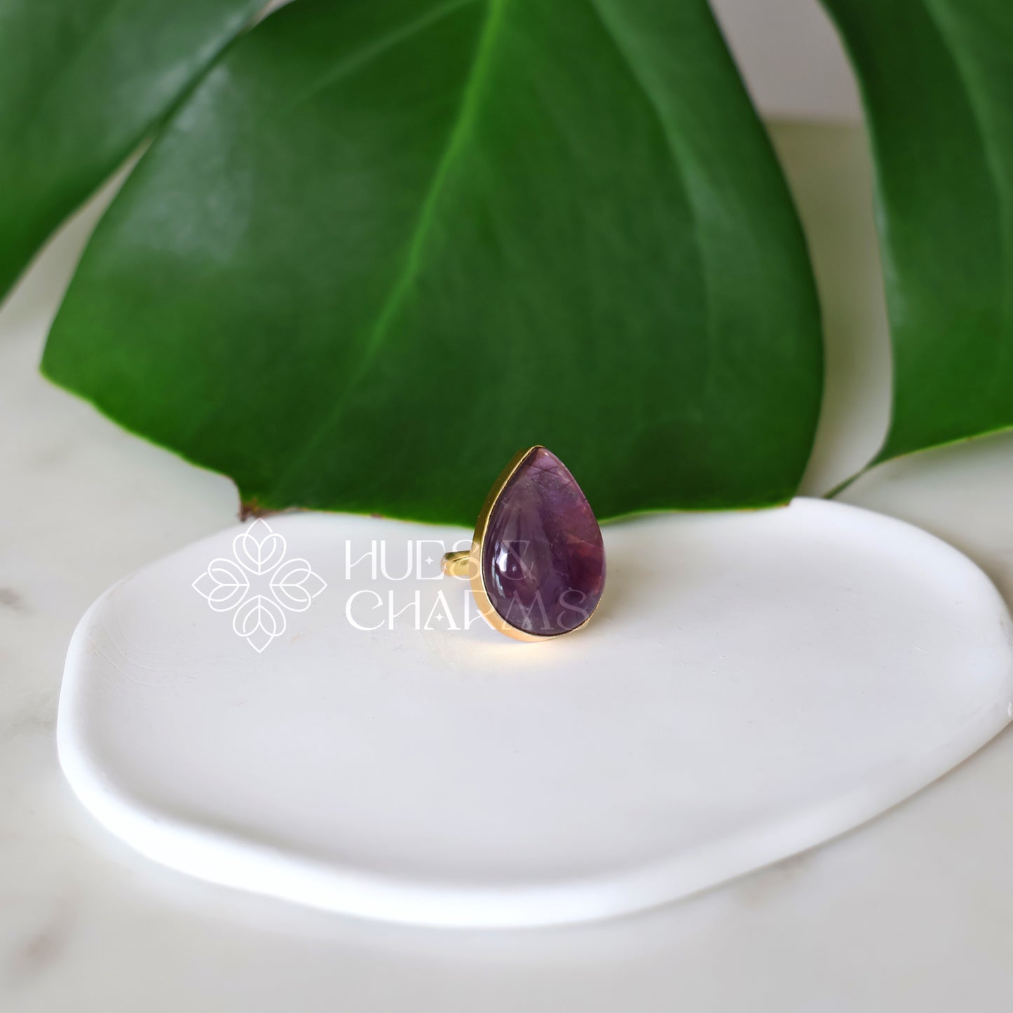 GOLDEN AMETHYST DROP STONE ADJUSTABLE RING