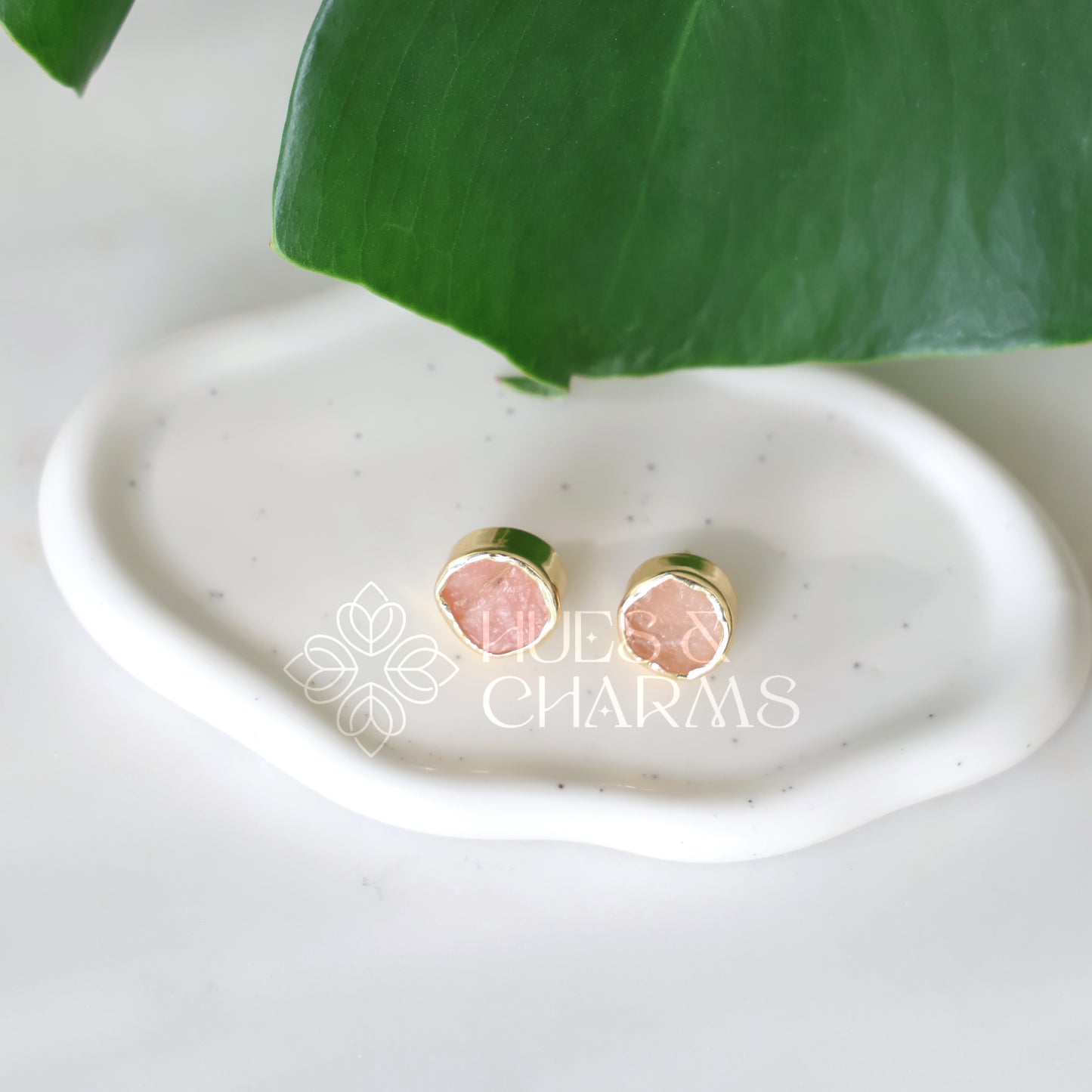 GOLDEN ROUND RAW STONE  STUD EARRINGS (COLOURS AVAILABLE)