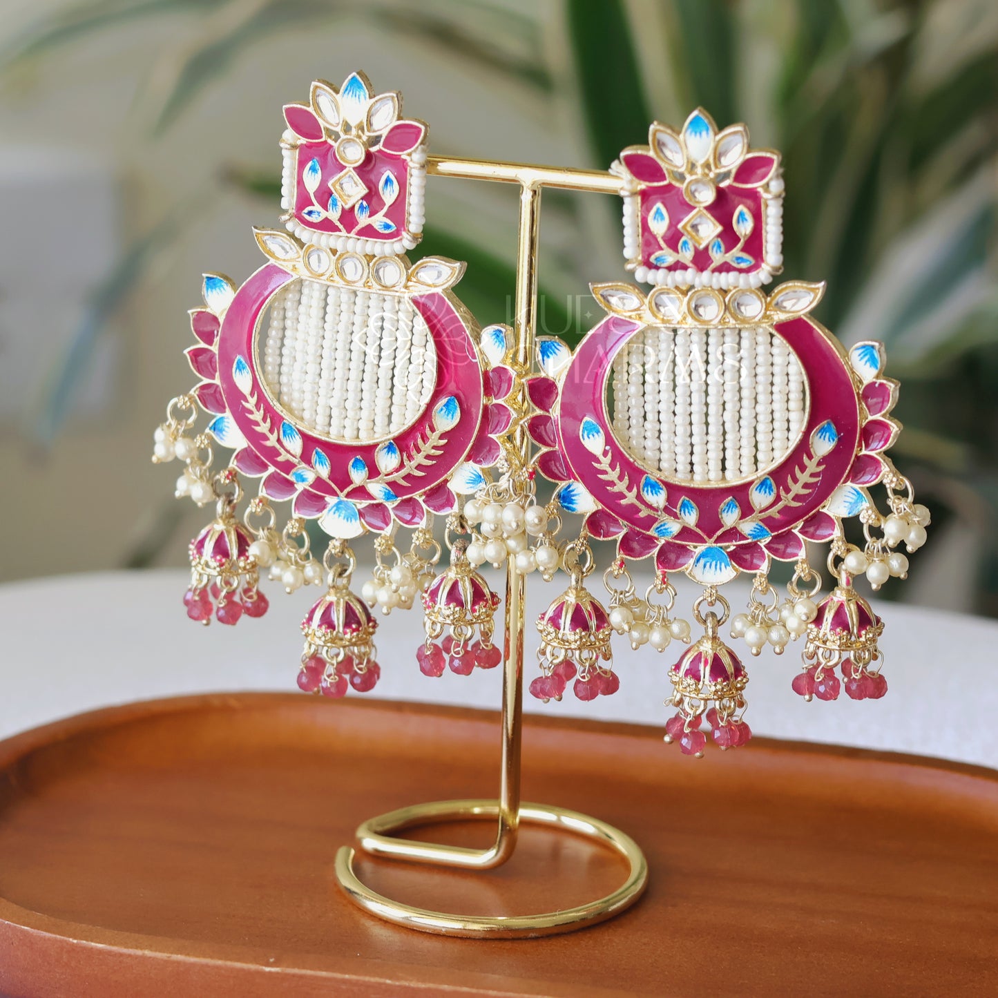 MEENAKARI EARRINGS WITH TRI JHUMKA  - DARK PINK