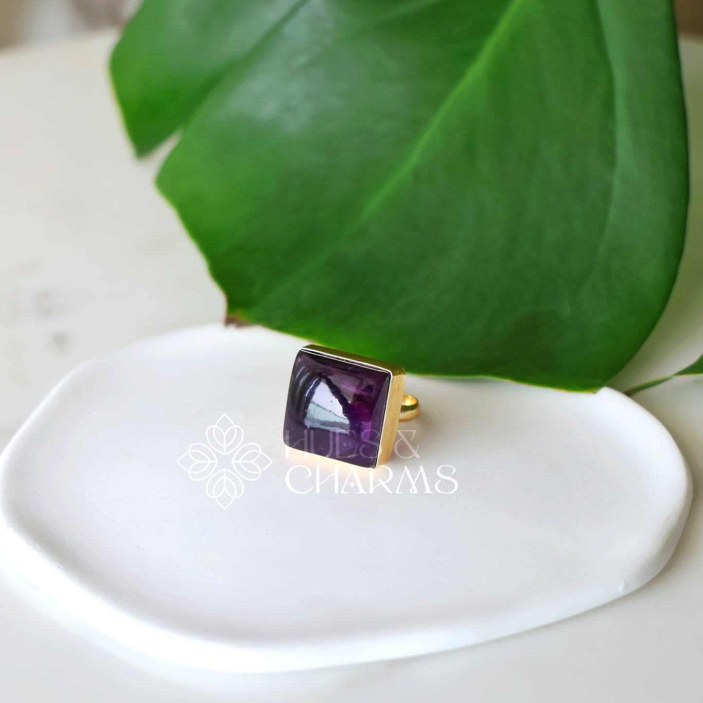 GOLDEN AMETHYST SQUARE STONE ADJUSTABLE RING