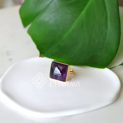 GOLDEN AMETHYST SQUARE STONE ADJUSTABLE RING