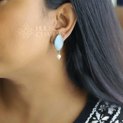 OXIDISED MONALISA STONE STUD EARRINGS WITH PEARL DROP( COLOURS AVAILABLE )