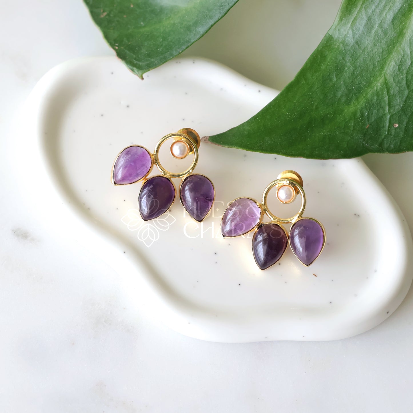 GOLDEN FLORA RAW STONE DROP EARRINGS WITH PEARL (COLOURS AVAILABLE)