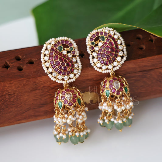GOLDEN STATEMENT MAYURINI KEMP RAGA JHUMKA WITH PEARLS| PREMIUM JEWELLERY