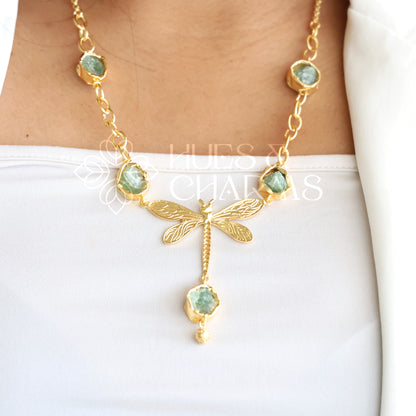 GOLDEN RAW STONE ENCHANTED DRAGONFLY NECKLACE SET (Colours available)