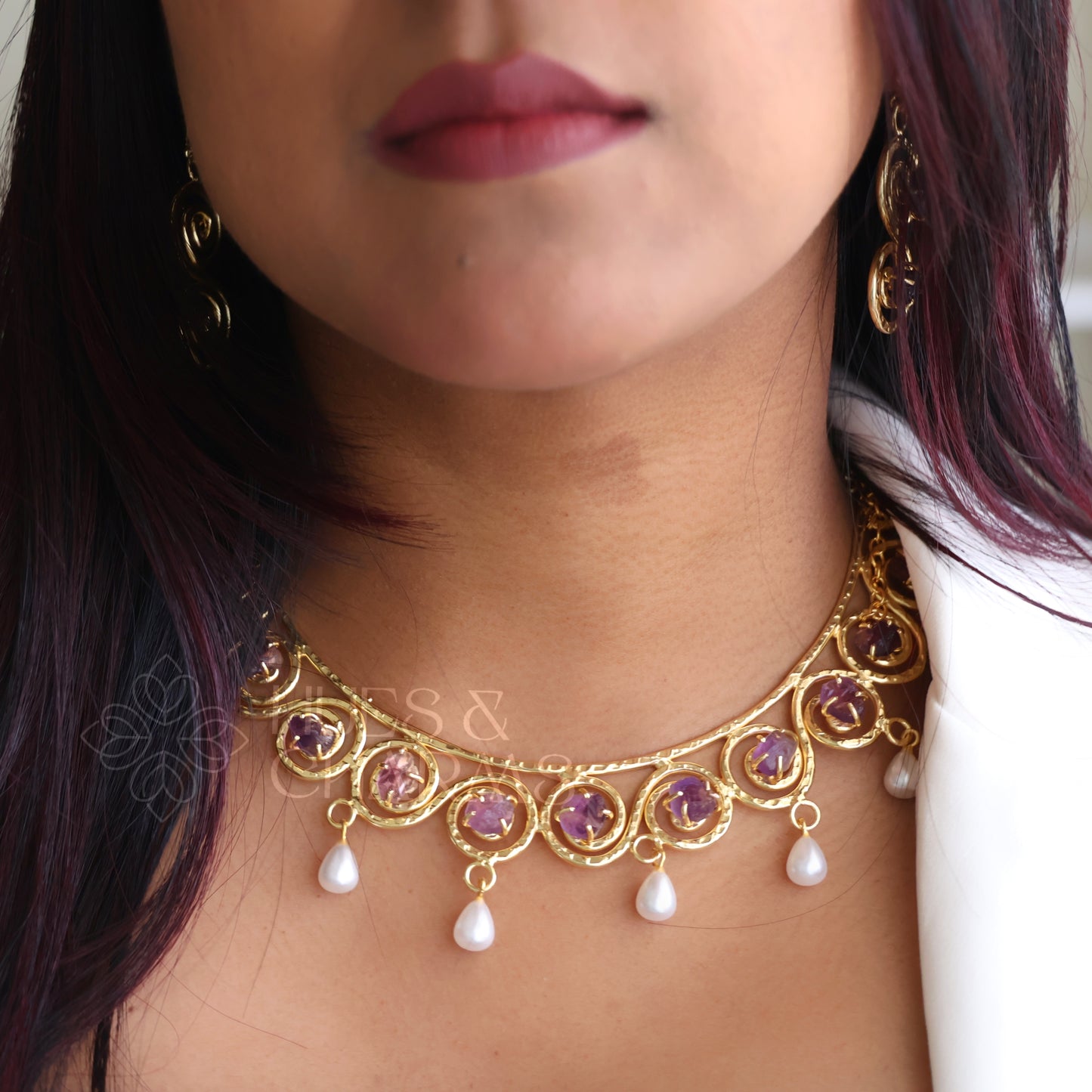NATURAL STONE LUMIERE NECKLACE SET WITH PEARLS (Colours available)