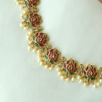 GOLDEN  GUTTAPUSALU KEMP PADMA NECKLACE SET WITH PEARLS | Premium jewellery