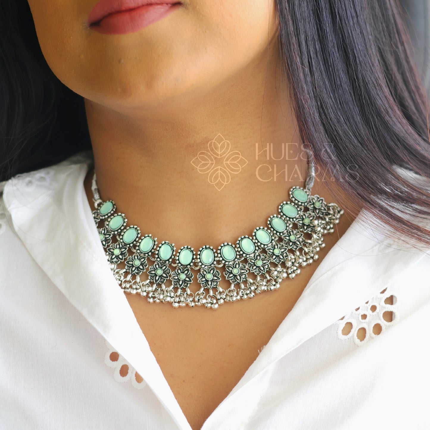 OXIDIZED LIGHT GREEN STONE NECKLACE SET