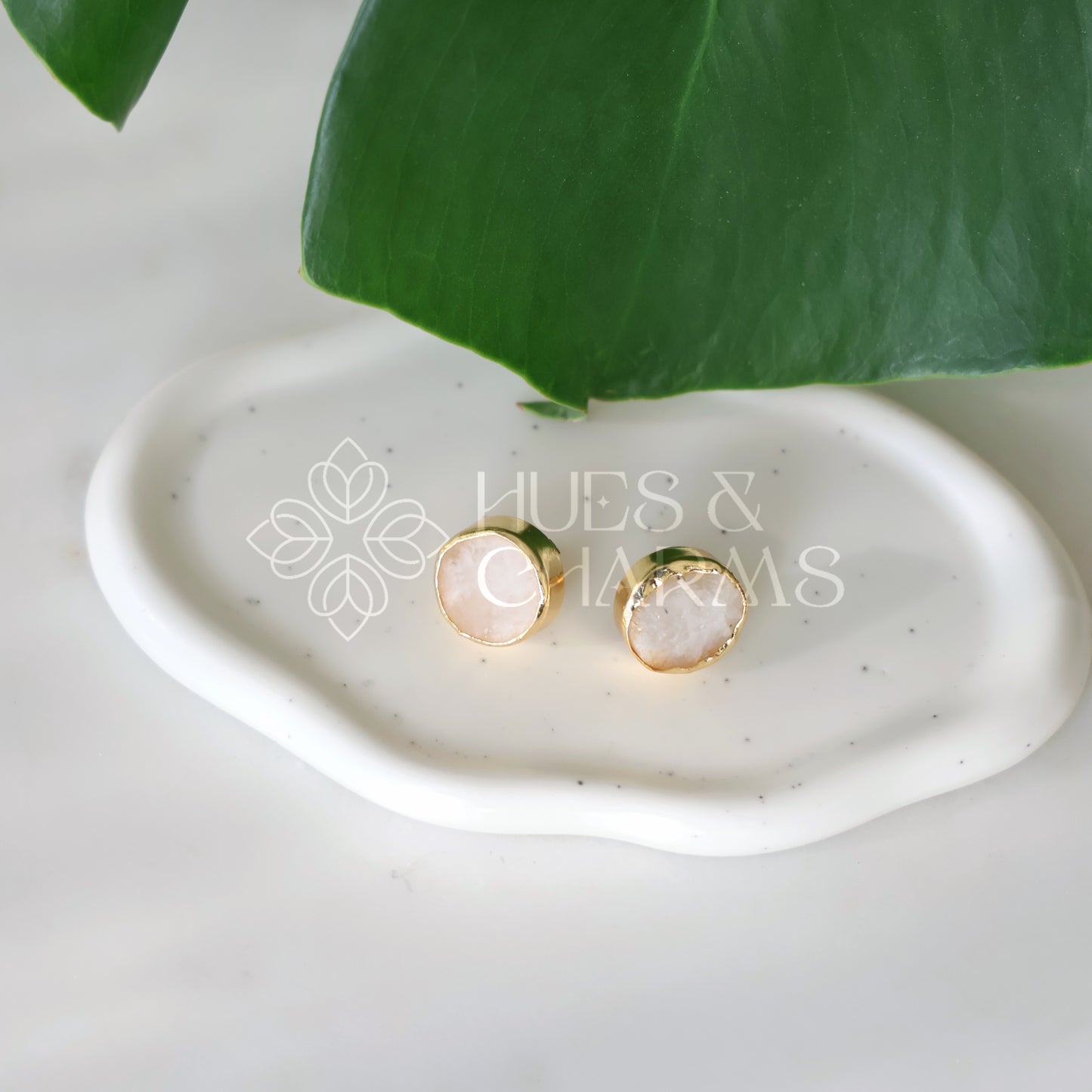 GOLDEN ROUND RAW STONE  STUD EARRINGS (COLOURS AVAILABLE)