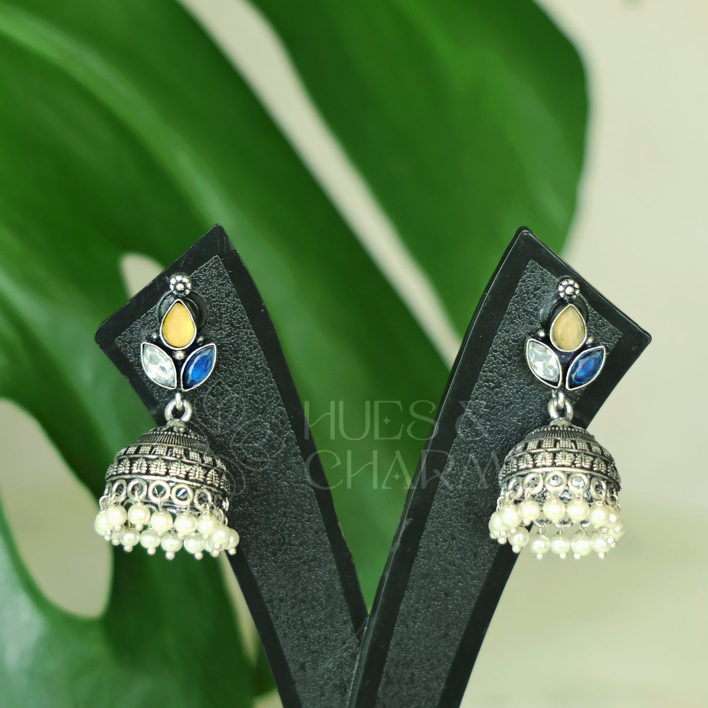 OXIDISED 3 DROP JHUMKAS WITH CLUSTER PEARLS( COLOURS AVAILABLE )
