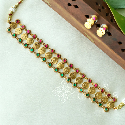GOLDEN AISHWARYA KASU LAKSHMI CHOKER SET (Colours available)
