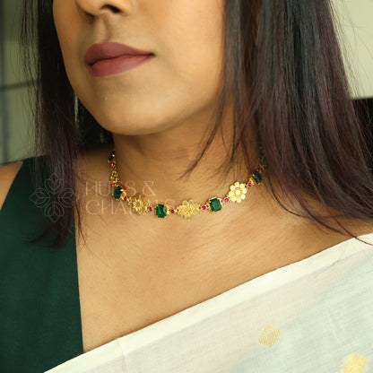 TRADITIONAL PUSHPA EMERALD AND RUBY DETAILED NECKPIECE | PREMIUM GOLD PLATED
