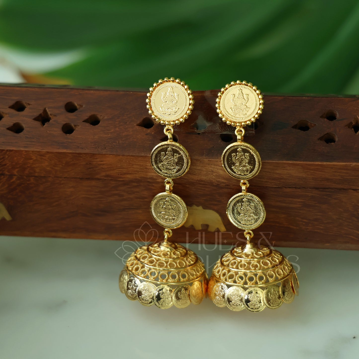 GOLDEN LAKSHMI 3 LAYER STEP COIN JHUMKA (IDOL VERSION) | GOLD PLATED