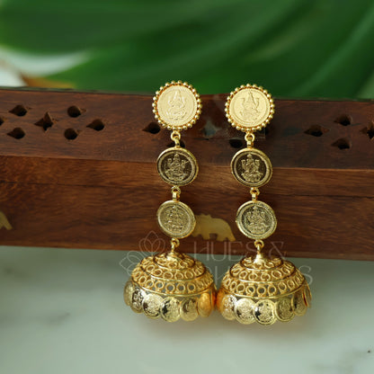 GOLDEN LAKSHMI 3 LAYER STEP COIN JHUMKA (IDOL VERSION) | GOLD PLATED