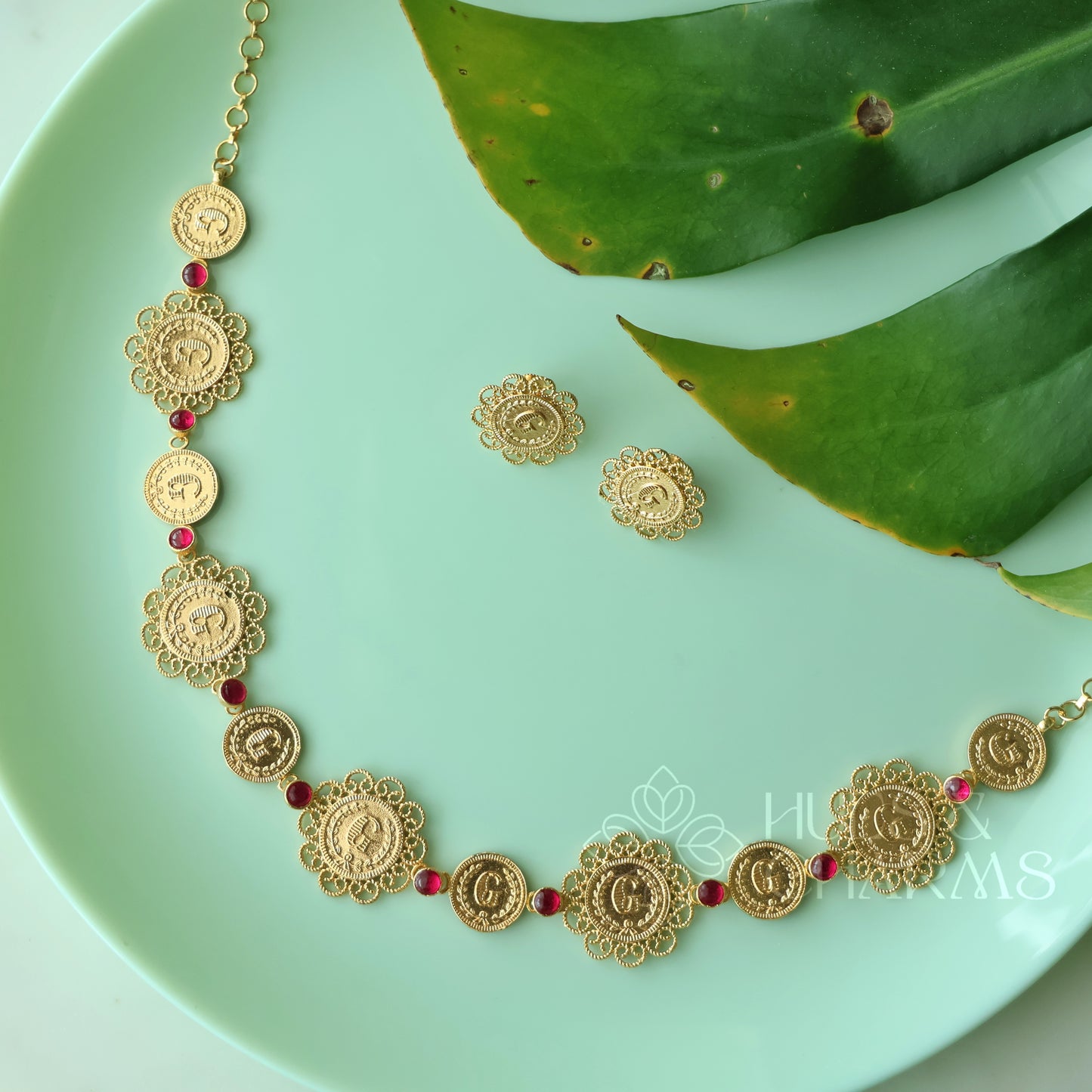 TRADITIONAL RUBY COIN NECKPIECE SET| GOLD PLATED (NON IDOL VERSION)