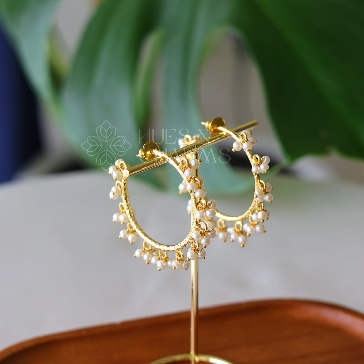 Golden Hammered Hoops with Cluster Pearls