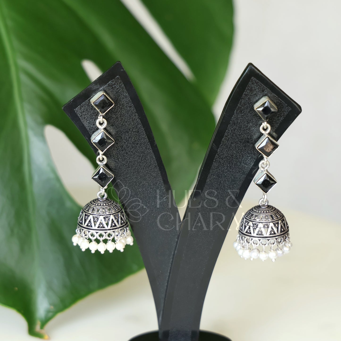 OXIDISED 3 STONE JHUMKAS( COLOURS AVAILABLE )
