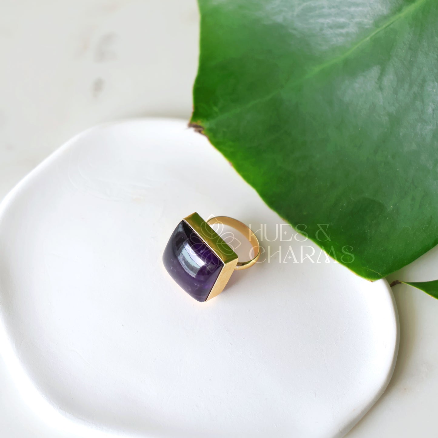 GOLDEN AMETHYST SQUARE STONE ADJUSTABLE RING