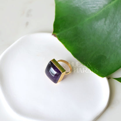 GOLDEN AMETHYST SQUARE STONE ADJUSTABLE RING