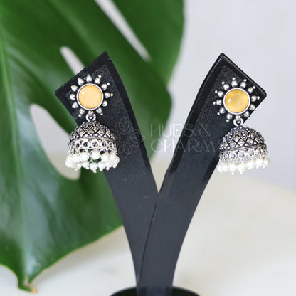 OXIDISED FLORA JHUMKAS WITH CLUSTER PEARLS( COLOURS AVAILABLE )