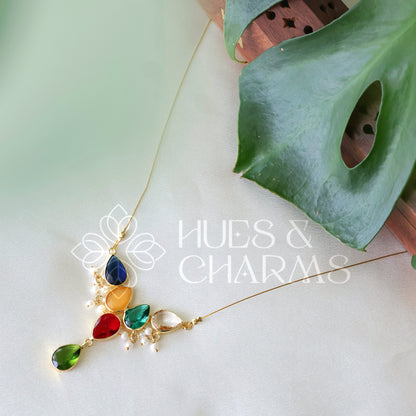 GLOSSY 5 DROP FLOATING NECKPIECE WITH PEARLS (COLOURS AVAILABLE)