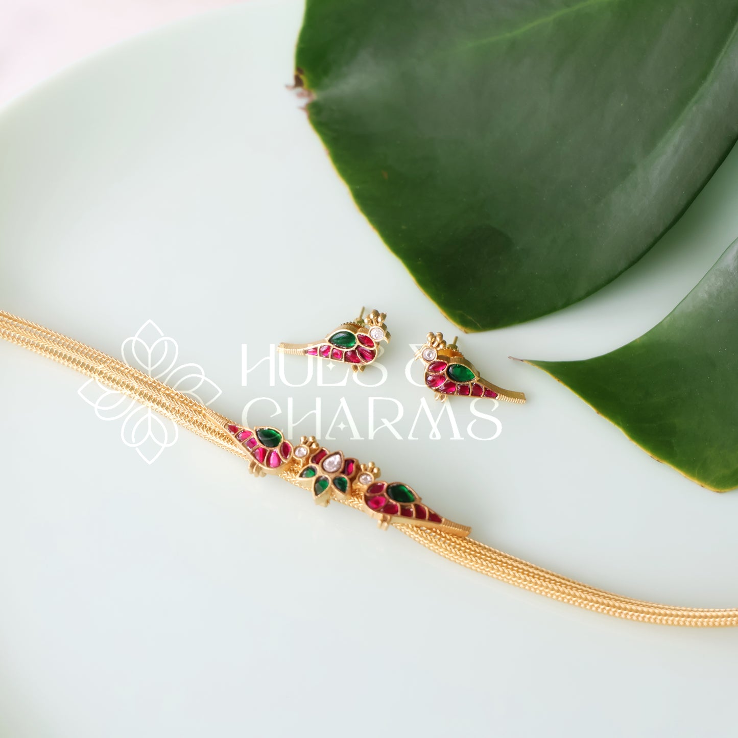 GOLDEN LOTUS & PARROT JADAU CHOKER SET | PREMIUM JEWELLERY