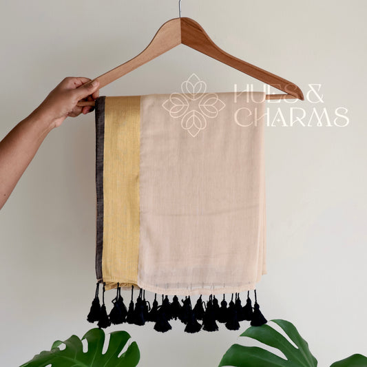 PURE MUL COTTON SAREE  - BLACK TULIP (MUD WHITE)