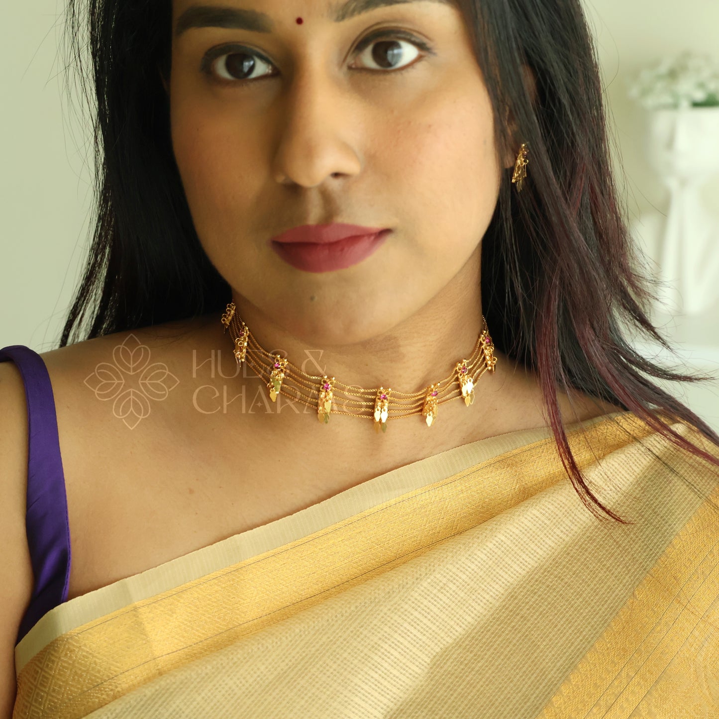 TRADITIONAL STATEMENT 5 LAYER RUBY ELAKKATHALI CHOKER SET | GOLD PLATED