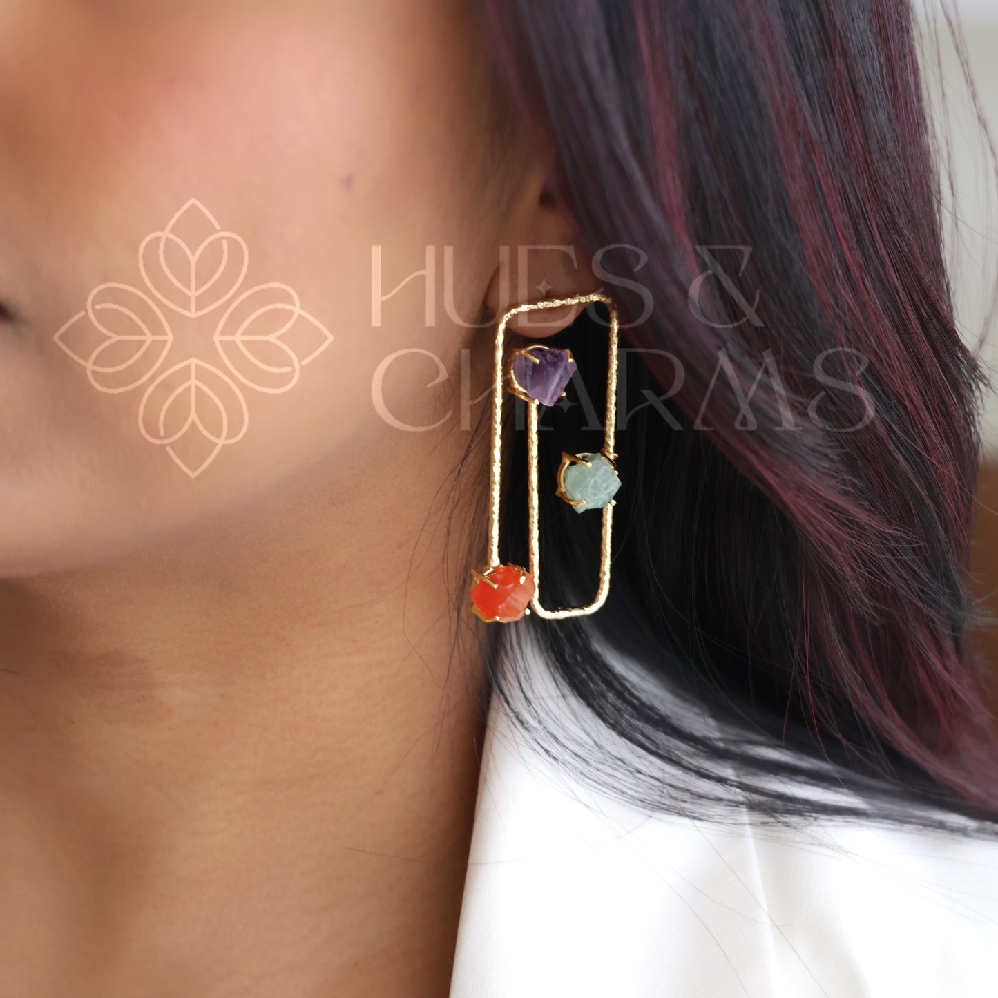 GOLDEN RAW STONE AURORA FRAME EARRINGS (Colours available)