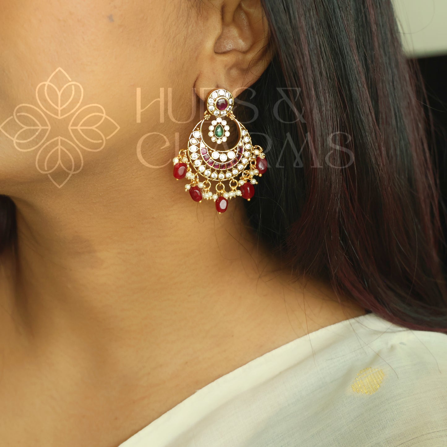 GOLDEN SAMYUKTA KEMP CHANDBALI EARRINGS| PREMIUM JEWELLERY (Colours available)