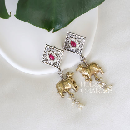 OXIDIZED DUAL TONE NANDI EARRINGS WITH CLUSTER PEARLS (Colours available )