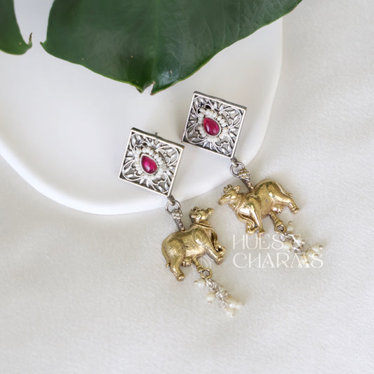 OXIDIZED DUAL TONE NANDI EARRINGS WITH CLUSTER PEARLS (Colours available )