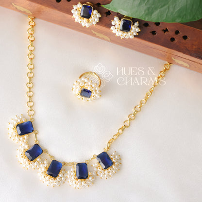 GLOSSY SQUARE DROP NECKLACE SET WITH PEARLS -BLUE