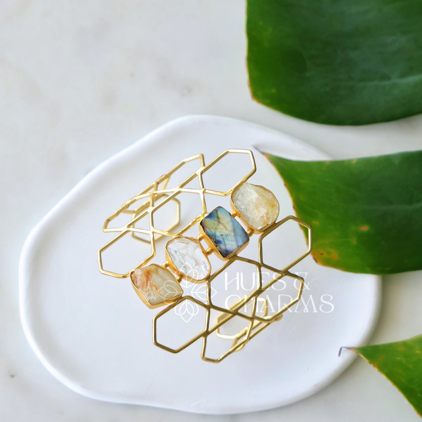 GOLDEN PRISMA RAW STONE CUFF ADJUSTABLE BANGLE(COLOURS AVAILABLE)