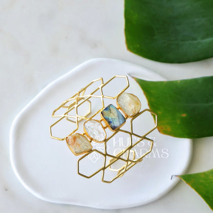 GOLDEN PRISMA RAW STONE CUFF ADJUSTABLE BANGLE(COLOURS AVAILABLE)