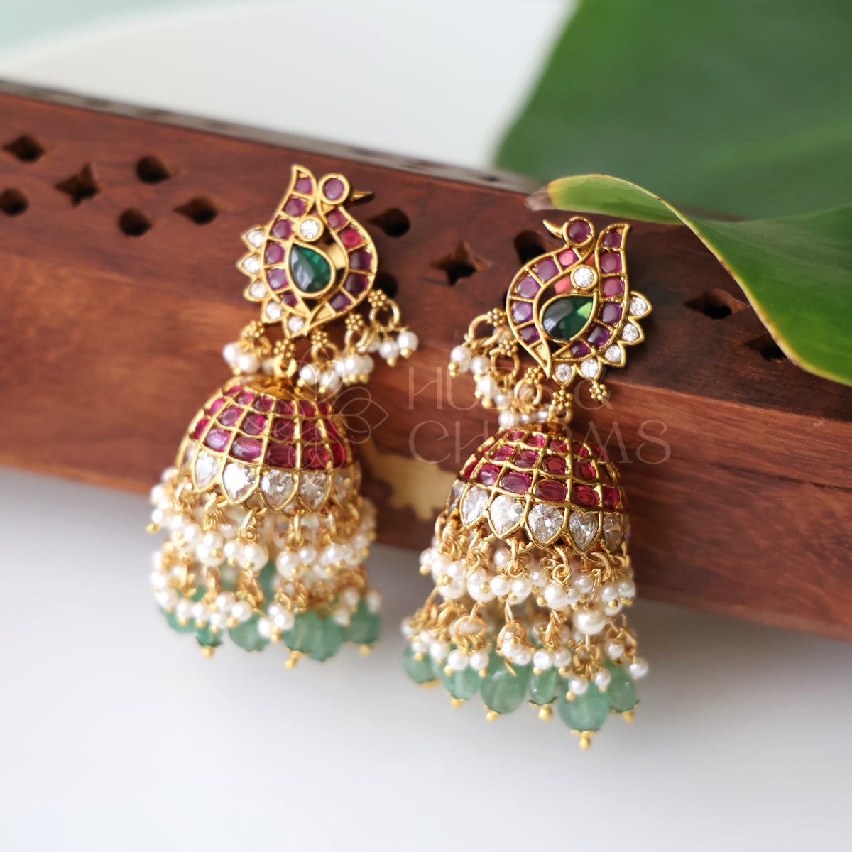 GOLDEN STATEMENT MAYURLEKHA KUNDAN KEMP JHUMKA WITH PEARLS | PREMIUM JEWELLERY