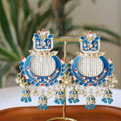 MEENAKARI EARRINGS WITH TRI JHUMKA  - SKY BLUE