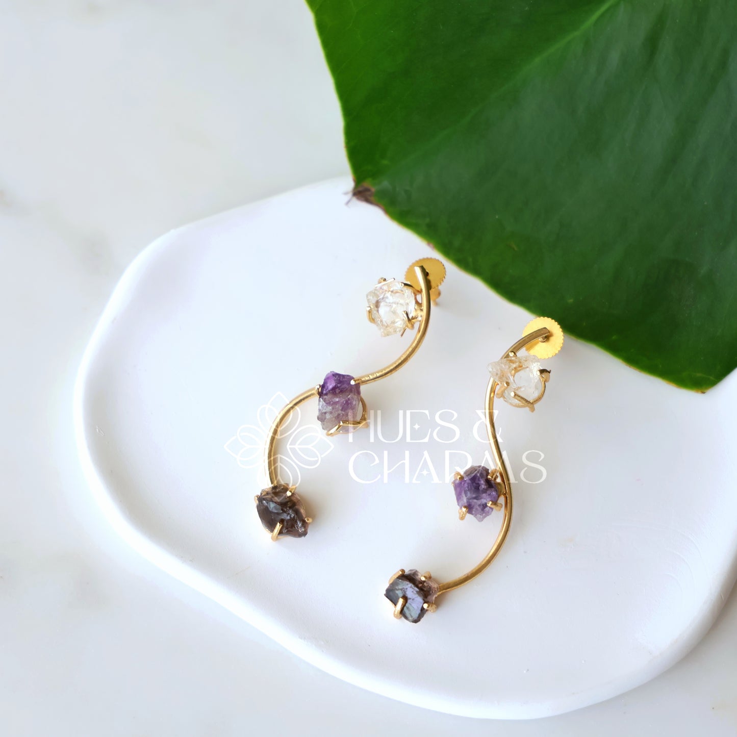 GOLDEN RAW STONE IVY ARC EARRINGS (Colours available)