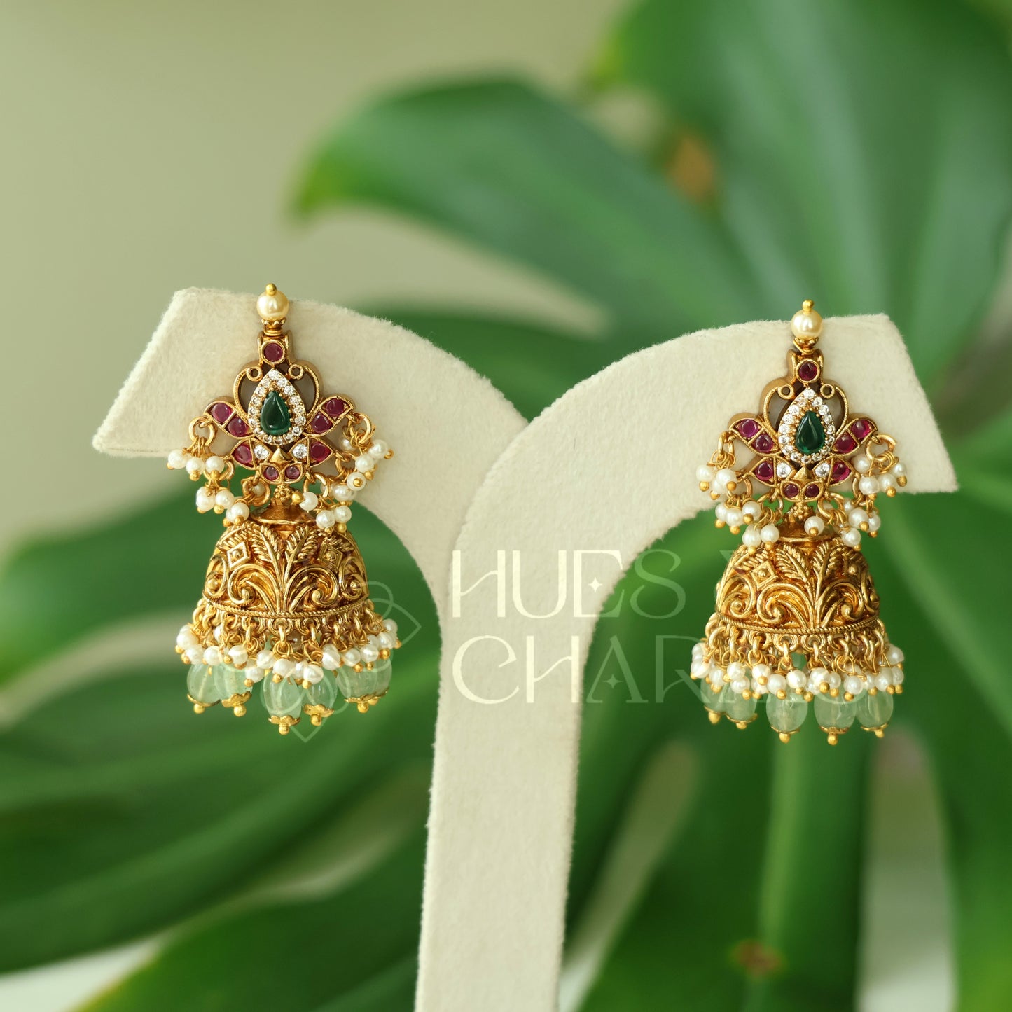 GOLDEN KAMALINI KEMP JHUMKA WITH PEARLS | PREMIUM JEWELLERY