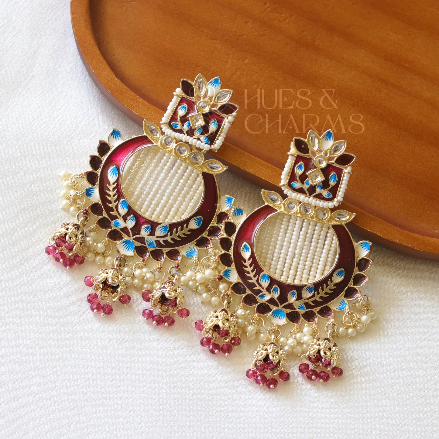 MEENAKARI EARRINGS WITH TRI JHUMKA  - DARK MAROON