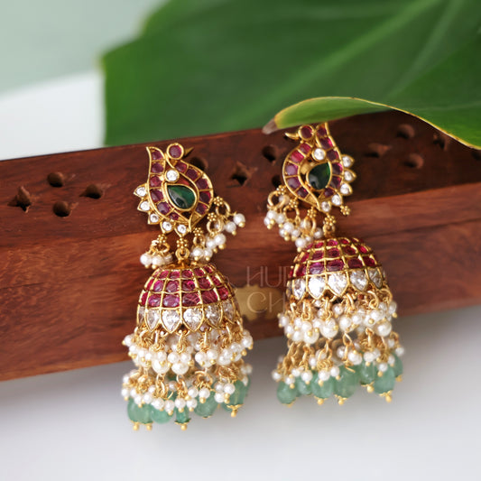 GOLDEN STATEMENT MAYURLEKHA KUNDAN KEMP JHUMKA WITH PEARLS | PREMIUM JEWELLERY